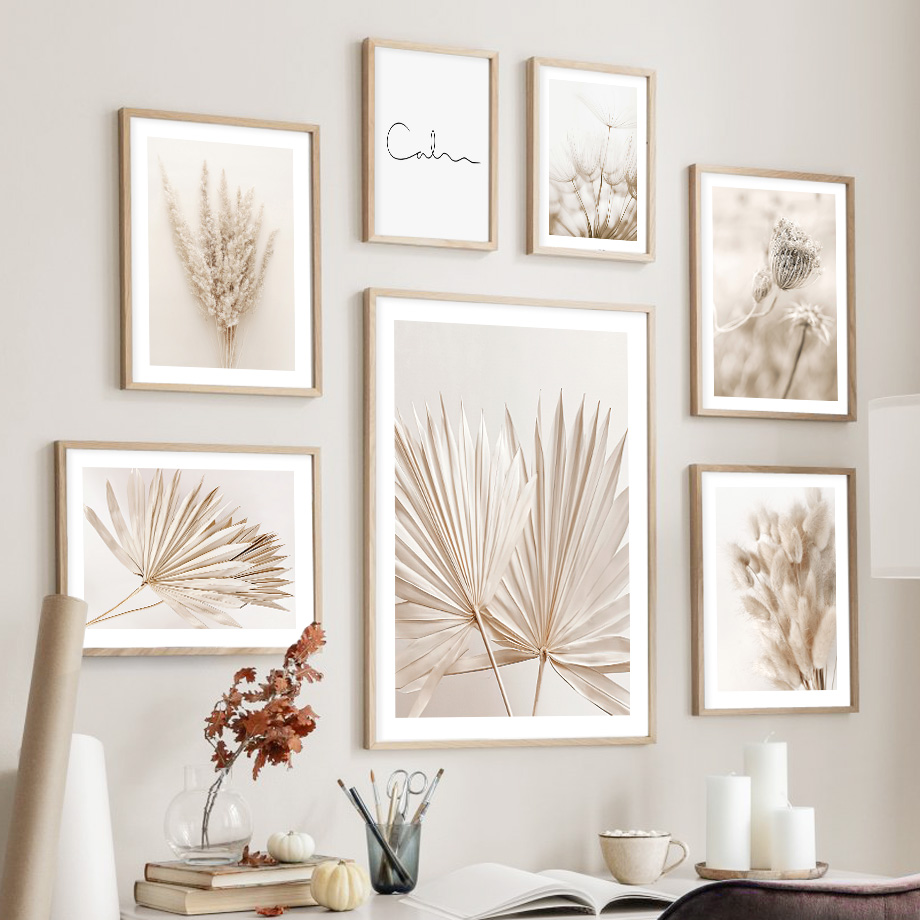 Palm Leaf Dried - ภาพตกแต่งผนังสไตล์โบโฮสีเบจกลางๆ บนผ้าแคนวาส พิมพ์ลายหญ้าแพมพัส ใบปาล์มแห้ง ต้นไม้แห้ง ตกแต่งห้องอพาร์ทเมนท์และบ้าน