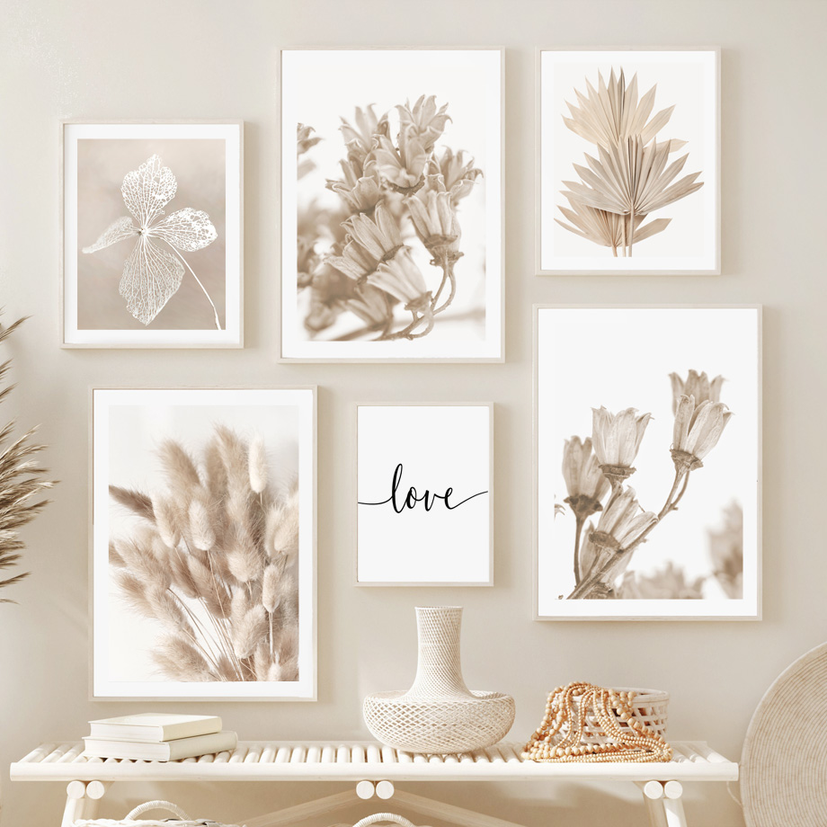 Palm Leaf Dried - ภาพพิมพ์บนผ้าแคนวาสสไตล์โบโฮสีเบจโทนกลาง ลายหางกระต่าย ดอกไม้แห้ง ใบปาล์ม คำพูดเกี่ยวกับความรักแบบมินิมอล สำหรับตกแต่งห้องนอนและห้องนั่งเล่น