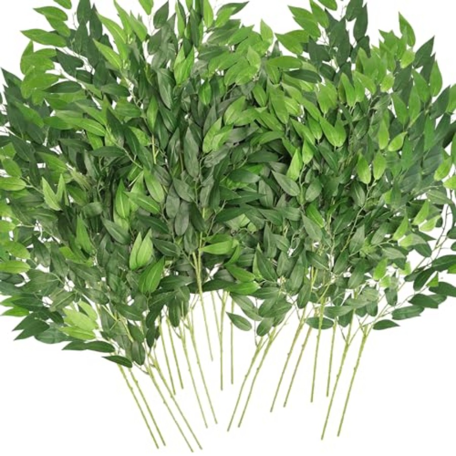 Ruscus Stem Faux - ก้านใบรัสคัสอิตาเลียนเทียม 20 ชิ้น, กิ่งใบประดิษฐ์สำหรับตกแต่งพวงมาลัยแขวน, ดอกไม้ประดิษฐ์สำหรับช่อดอกไม้แต่งงาน, ซุ้มโค้ง,